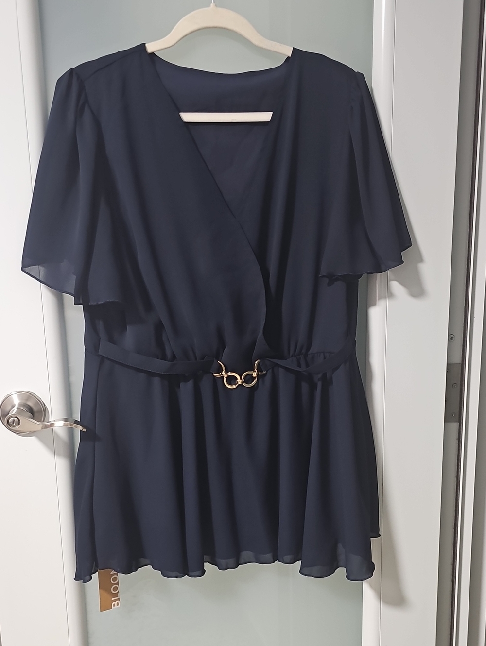 BloomChic Navy Wrap-Front Mini Dress with Gold Accent